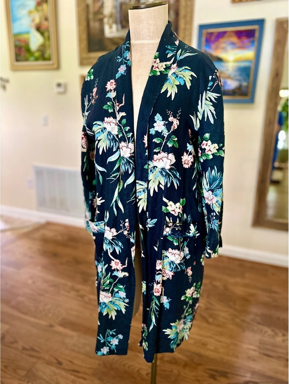 Johnny Was Workshop Linen Navy Blue Floral Print Long Sleeve Duster Size M